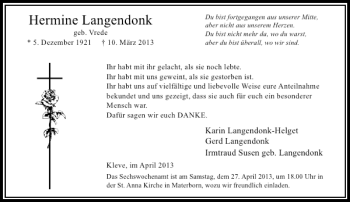 Todesanzeige von Hermine Langendonk von Rheinische Post