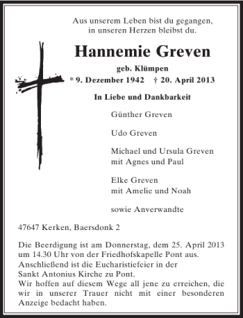 Todesanzeige von Hannemie Greven von Rheinische Post