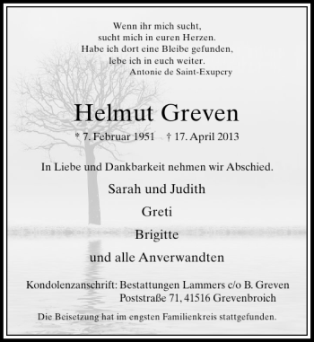 Todesanzeige von Helmut Greven von Rheinische Post