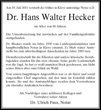 Todesanzeige von Am Am 19. Juli 2011 verstarb der früher in Kleve amtstätige Notar a.D. von Rheinische Post