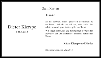 Todesanzeige von Dieter Kierspe von Rheinische Post
