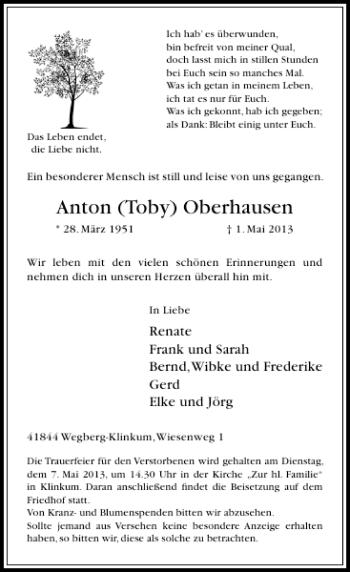 Todesanzeige von Anton Toby Oberhausen von Rheinische Post