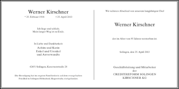 Todesanzeige von Werner Kirschner Werner Kirschner von Rheinische Post