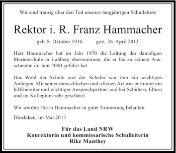 Todesanzeige von Rektor i. R. Franz Hammacher von Rheinische Post