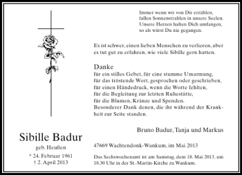 Todesanzeige von Sibille Badur von Rheinische Post