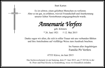 Todesanzeige von Annemarie Verfers von Rheinische Post