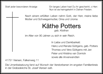 Todesanzeige von Käthe Potters von Rheinische Post