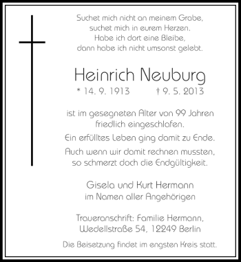Todesanzeige von Heinrich Neuburg von Rheinische Post