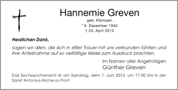 Todesanzeige von Hannemie Greven von Rheinische Post