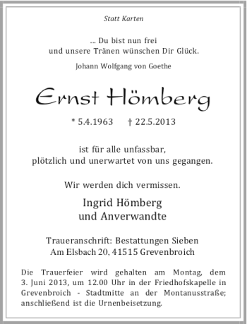 Todesanzeige von Ernst Hömberg von Rheinische Post