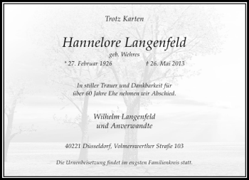 Todesanzeige von Hannelore Langenfeld von Rheinische Post