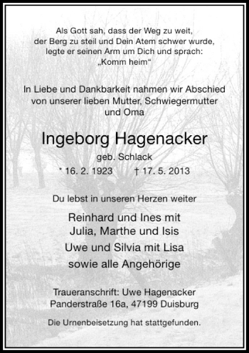 Todesanzeige von Ingeborg Hagenacker von Rheinische Post
