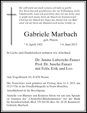 Todesanzeige von Gabriele Marbach von Rheinische Post
