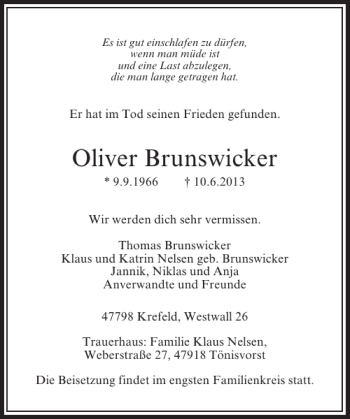 Todesanzeige von Oliver Brunswicker von Rheinische Post