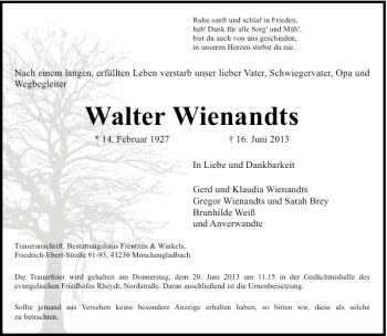 Todesanzeige von Walter Wienandts von Rheinische Post
