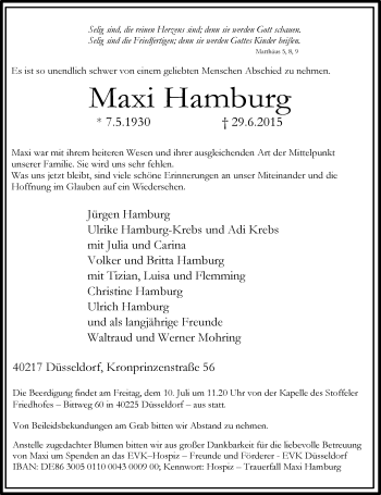 Todesanzeige von Maxi Hamburg von Rheinische Post