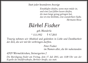 Todesanzeige von Bärbel Fischer von Rheinische Post