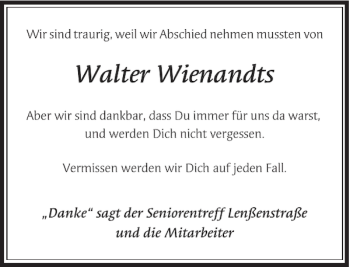 Todesanzeige von Walter Wienandts von Rheinische Post
