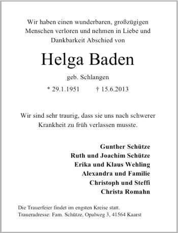Todesanzeige von Helga Baden von Rheinische Post