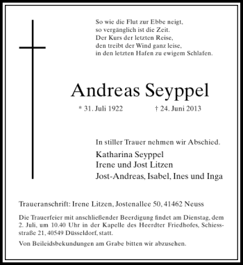Todesanzeige von Andreas Seyppel von Rheinische Post