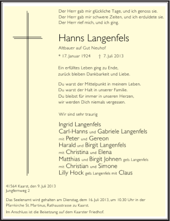Todesanzeige von Hanns Langenfels von Rheinische Post