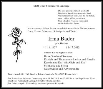 Todesanzeige von Irma Bader von Rheinische Post