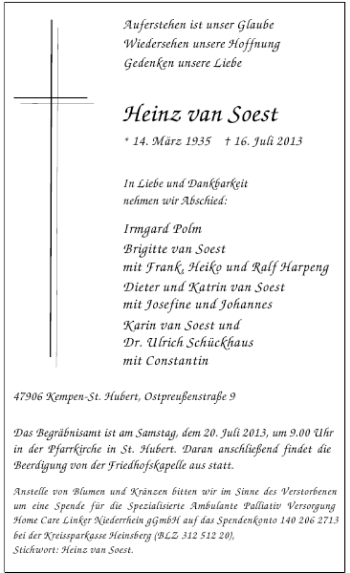 Todesanzeige von Heinz van Soest von Rheinische Post