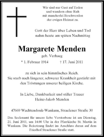 Todesanzeige von Margarete Menden von Rheinische Post