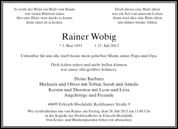 Todesanzeige von Wobig Rainer von Rheinische Post