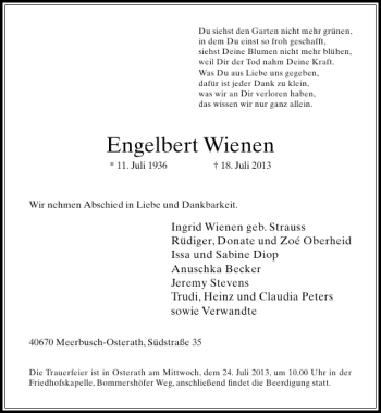 Todesanzeige von Engelbert Wienen von Rheinische Post