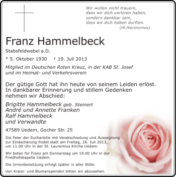 Todesanzeige von Franz Hammelbeck von Rheinische Post