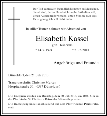 Todesanzeige von Elisabeth Kassel von Rheinische Post