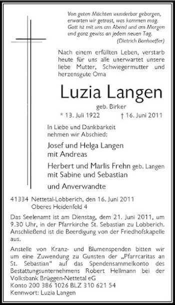 Todesanzeige von Luzia Langen von Rheinische Post