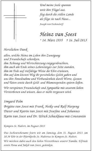 Todesanzeige von Heinz van Soest von Rheinische Post