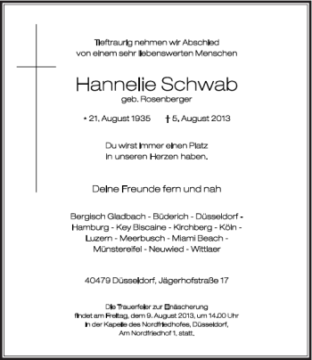 Todesanzeige von Hannelie Schwab von Rheinische Post