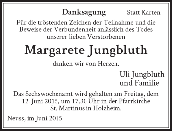 Todesanzeige von Margarete Jungbluth von Rheinische Post