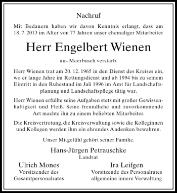 Todesanzeige von Engelbert Wienen von Rheinische Post