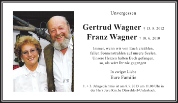 Todesanzeige von Gertrud Wagner Franz Wagner von Rheinische Post