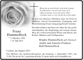 Todesanzeige von Franz Hammelbeck von Rheinische Post