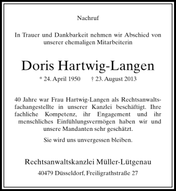 Todesanzeige von Doris Hartwig-Langen von Rheinische Post