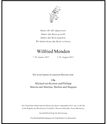 Todesanzeige von Wilfried Menden von Rheinische Post