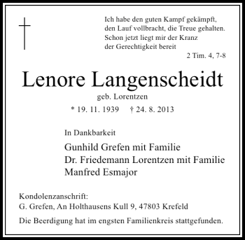 Todesanzeige von Lenore Langenscheidt von Rheinische Post