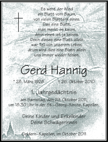 Todesanzeige von Gerd Hannig von Rheinische Post