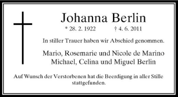 Todesanzeige von Johanna Berlin von Rheinische Post