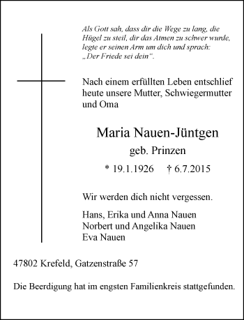 Todesanzeige von Maria Nauen-Jüntgen von Rheinische Post