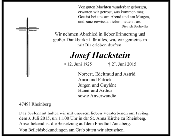 Todesanzeige von Josef Hackstein von Rheinische Post
