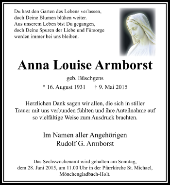 Todesanzeige von Anna Louise Armborst von Rheinische Post