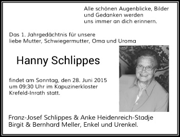 Todesanzeige von Hanny Schlippes von Rheinische Post