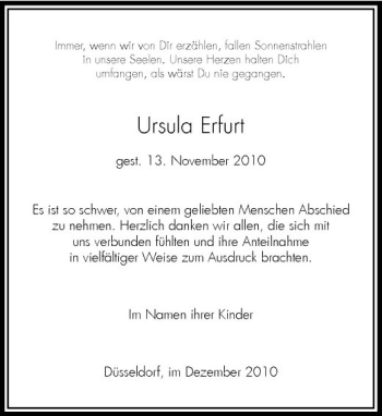 Todesanzeige von Ursula Erfurt von Rheinische Post