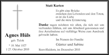 Todesanzeige von Agnes Hüls von Rheinische Post